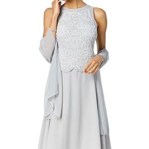 J Kara Women's Sleeveless Scallop Long Beaded Dress W/Scarf